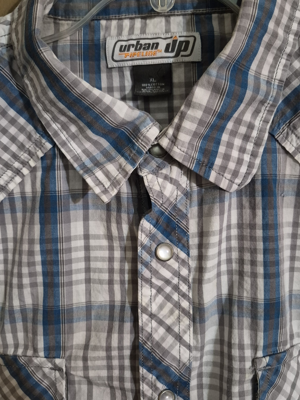 Urban Pipeline Gray and Blue Plaid Short Sleeve Snap-Front Shirt XL
